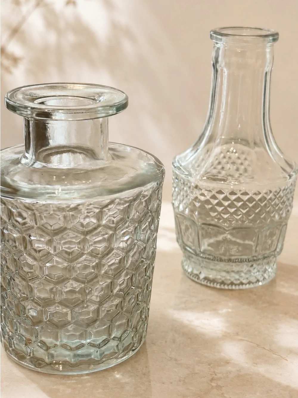 Vintage 1980s Clear Glass Decorative Bottles Set of 3 Embossed Bud Vases